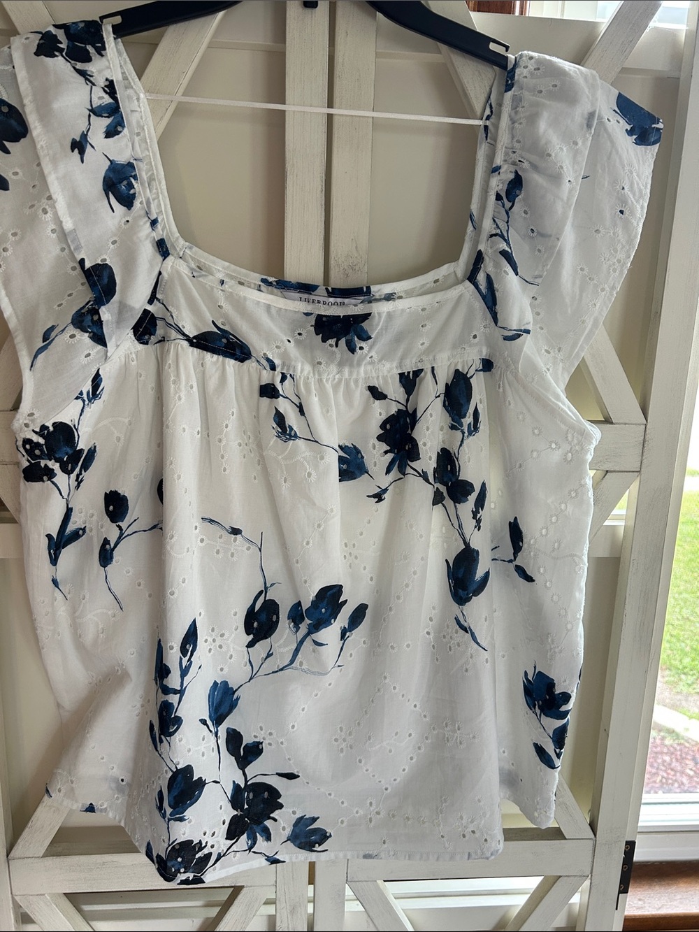 Liverpool White Eyelet Flutter Sleeve Top with Blue Floral Print - Women's L